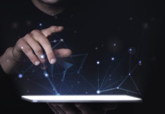 Man using digital tablet psd mockup smart technology