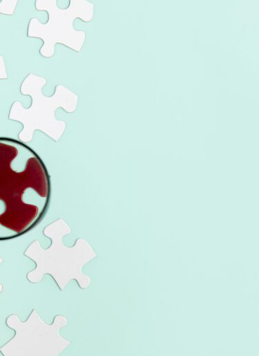 Magnifying glass highlighting a red puzzle piece