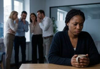 Sad African American black businesswoman feeling isolated while colleagues gossip during coffee break, concept for workplace discrimination