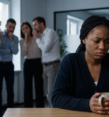 Sad African American black businesswoman feeling isolated while colleagues gossip during coffee break, concept for workplace discrimination