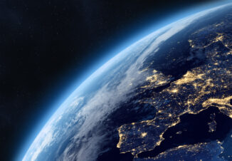 Earth planet in outer space. Europe from space. Night on planet with cities lights. Northern, Southern, Eastern, Western Europe at night viewed from space.