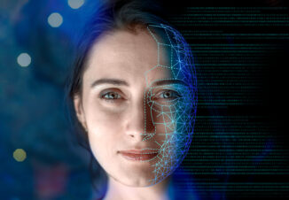 Portrait of a woman symbolically turning into virtual human, virtual character, or digital clone, using computer-generated from the real persona. AI artificial intelligence.
