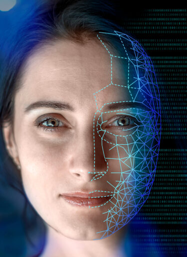 Portrait of a woman symbolically turning into virtual human, virtual character, or digital clone, using computer-generated from the real persona. AI artificial intelligence.
