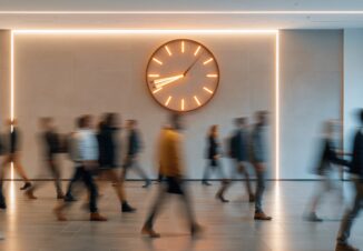 Blurry crowd of diverse people walking past a large illuminated clock in a modern office hallway during the workday