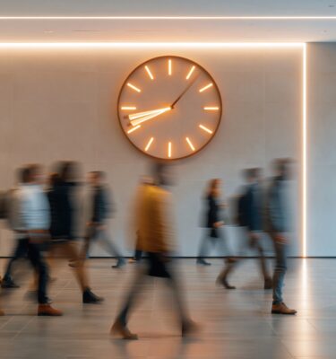Blurry crowd of diverse people walking past a large illuminated clock in a modern office hallway during the workday