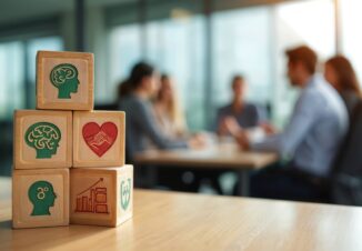 Wooden blocks show health icons brain, heart, people, growth. Represents employee wellbeing programs, mental physical health in office. Supports satisfaction. Diverse team meeting blurred background.