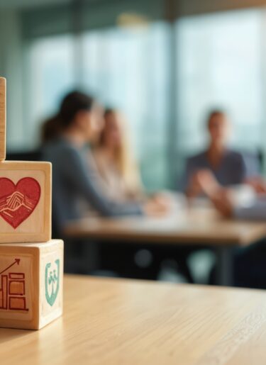 Wooden blocks show health icons brain, heart, people, growth. Represents employee wellbeing programs, mental physical health in office. Supports satisfaction. Diverse team meeting blurred background.