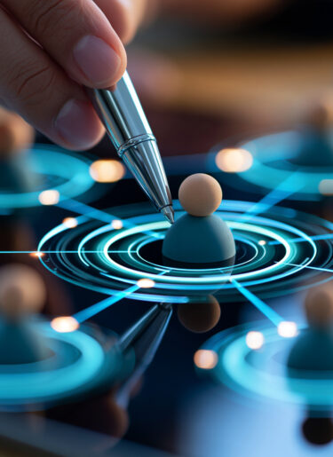 Digital pen highlighting one candidate within a network of anonymous user profiles, strategic selection, recruitment analytics, talent sourcing, employee hiring, workforce