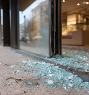 Broken storefront window with glass fragment on sidewalk. aftermath of crime and damage creating scene of urban destruction and chaos
